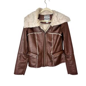 Wet Seal Jacket Y2K Vintage Medium Brown Faux Leather Fur Lined Full Zip Collar